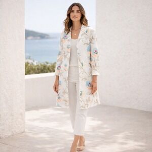Paperwhite Longline Floral Embroidered Linen Blazer Jacket Size 4